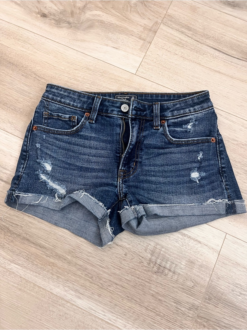 Abercrombie & Fitch Distressed Dark Blue Denim Cuffed Shorts